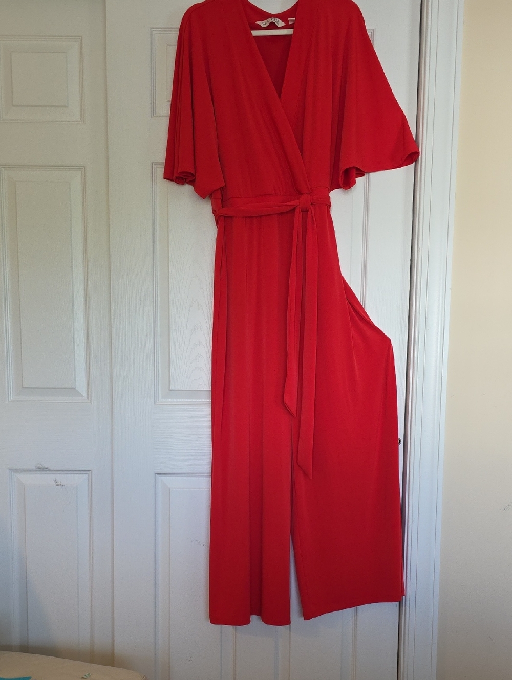 Women's Red Surplice Jumpsuit with Tie Belt